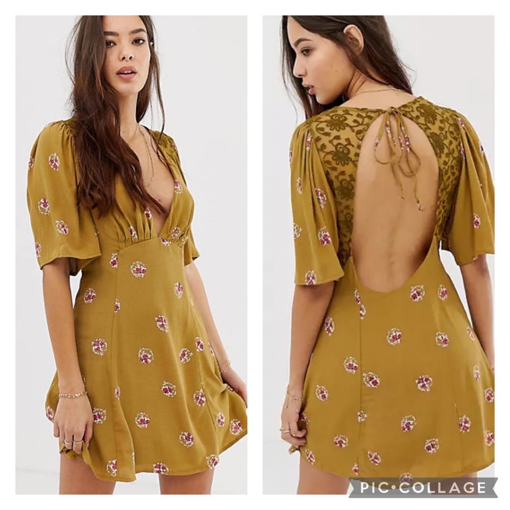 Free People Mockingbird Floral Dress Lace Tie Keyhole Back Wide Sleeve Mustard